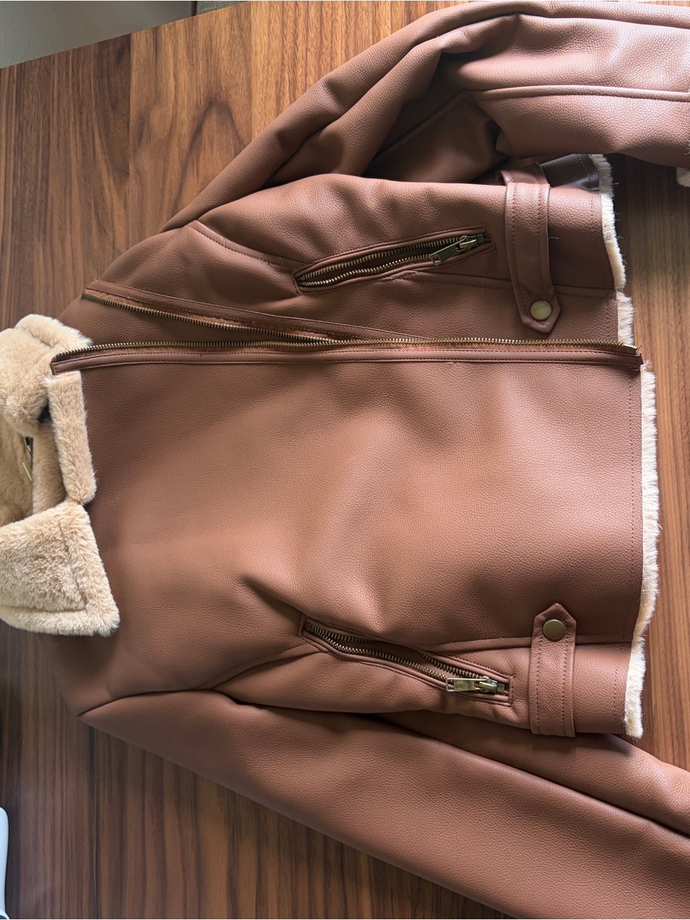 a.n.a Tan Faux Leather Aviator Jacket with Cream Shearling Collar